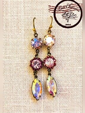 Pink Rose AB Flower Swarovski Crystals In Three Tier Brass Earrings